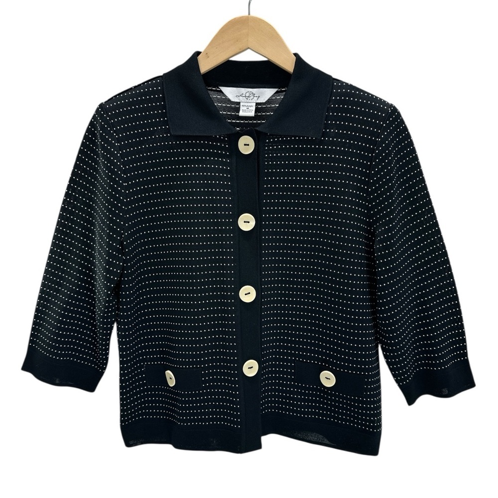 Ming Wang Black White Dot Signature Textured Knit 3/4 Sleeve Structured Top Med